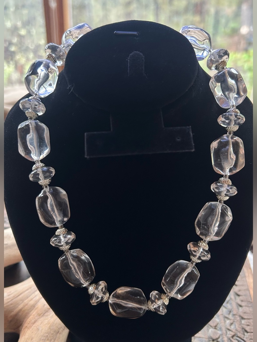 Bold Clear Chunky Resin Bubble Bead Necklace with Silver Accents